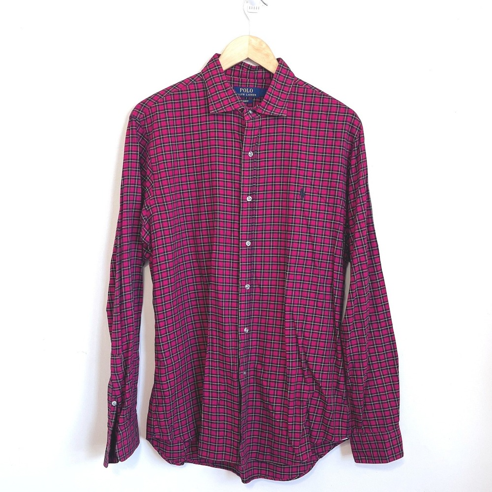 Polo Ralph‎ Lauren Slim Fit Plaid Shirt Mens L Red Preppy Oxford Button Classic